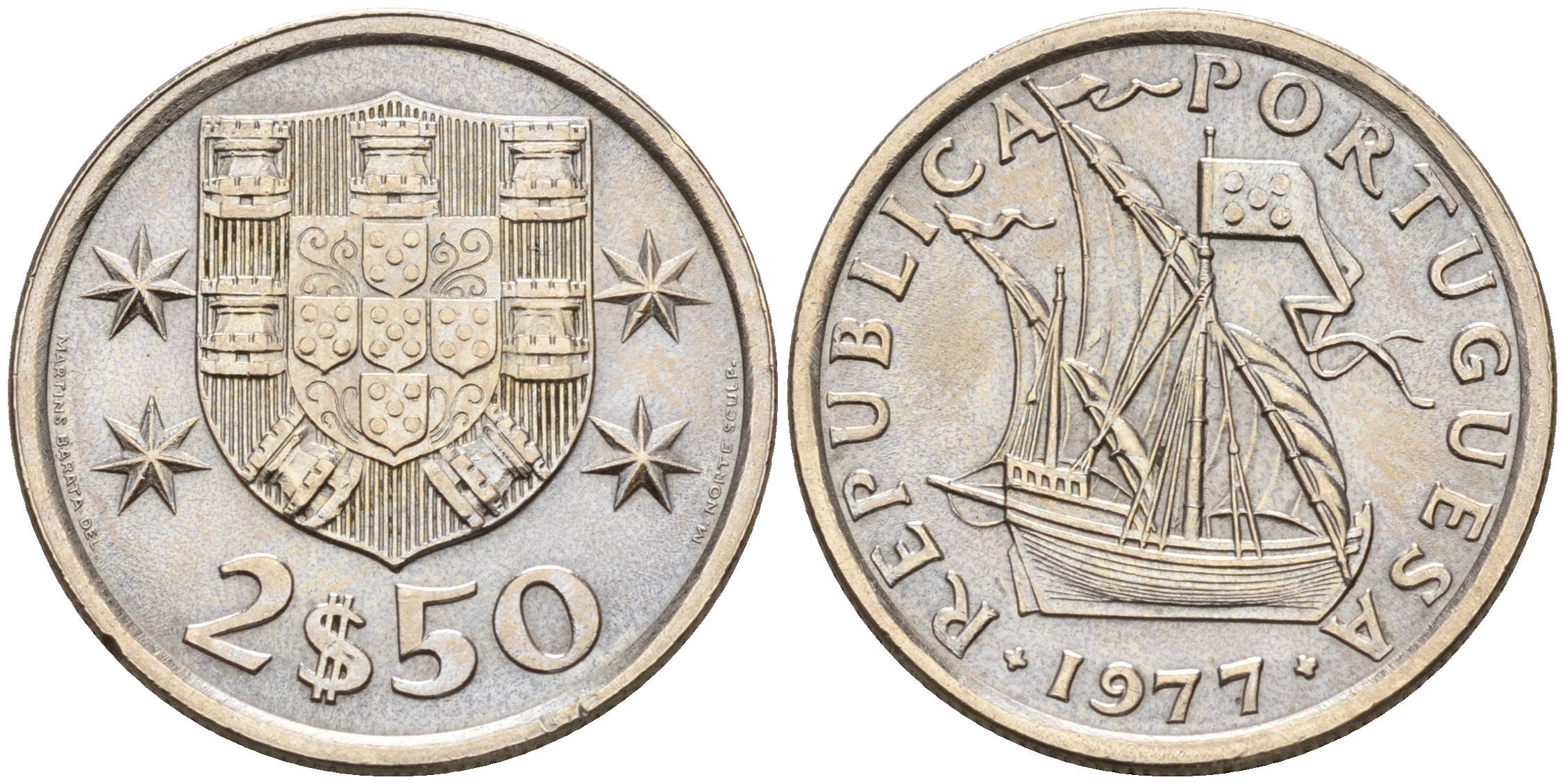 Португалия 2,5 эскудо 1977 парусник KM 590 медно-никель  UNC  4160-1218