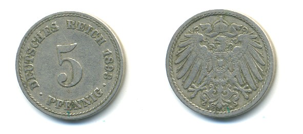 ГЕРМАНИЯ 5 ПФЕННИГОВ 1893 A, KM 11, J. 12 медно-никель 4379-366