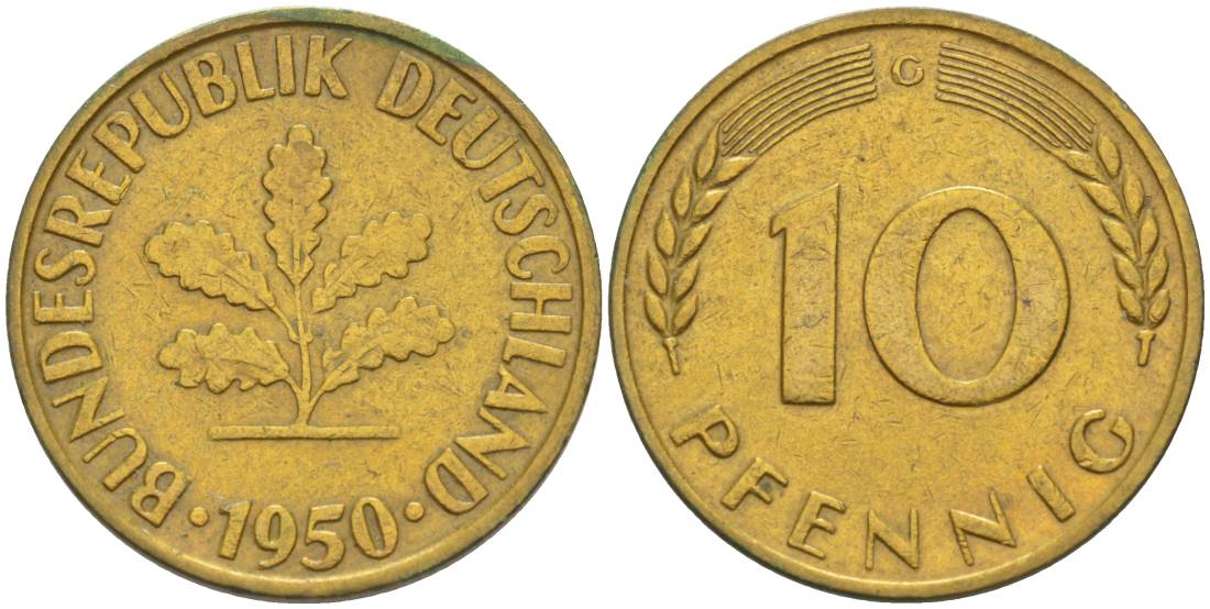 ФРГ 10 ПФЕННИГОВ 1950 G KM 108, J. 383 сталь плакированная латунью 219-425