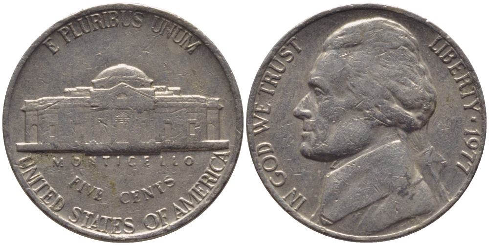 США 5 ЦЕНТОВ 1977 ДЖЕФФЕРСОН KM А192 медно-никель 31-634
