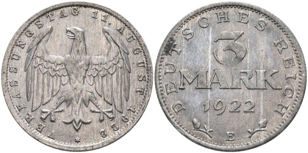 Германия 3 марки 1922 Е, третья годовщина Веймарской Конституции KM 29, J.303 алюминий UNC 4574-821