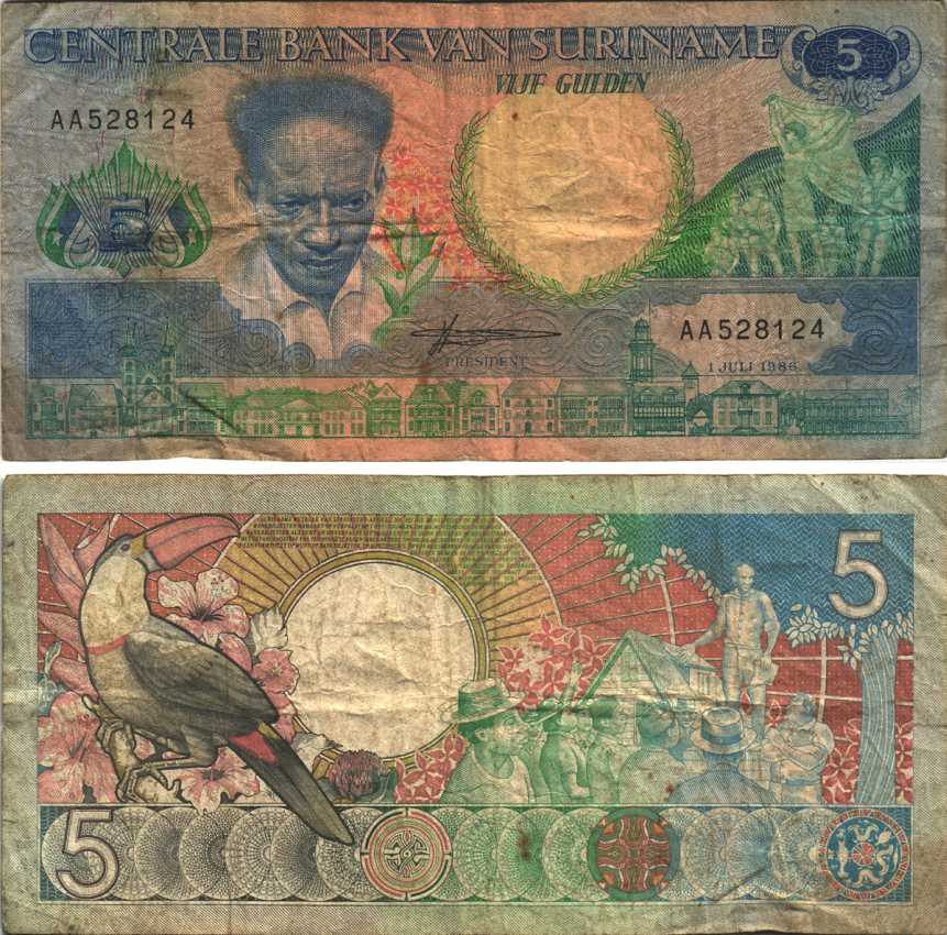 Суринам 5 гульденов 1986 Антон де Ком, тукан на ветке, серия АА Pick 130а бумага 6352-51-3-2