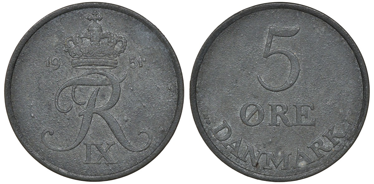 Дания 5 эре 1951 N; S, Фредерик IX KM 843.1 цинк 4162-124