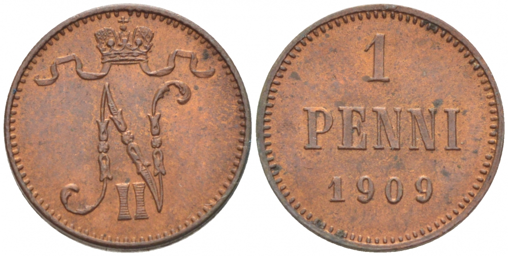 Россия для Финляндии 1 пенни 1909 Николай II (1894-1917) KM 13, Биткин 470 медь 4396-1322