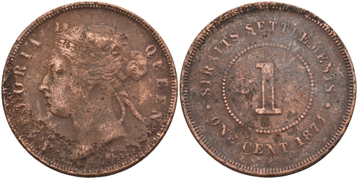 Стрейтс-Сетлментс 1 цент 1874 Виктория (1837-1901), Ост-Индская компания KM 9 медь 4590-333