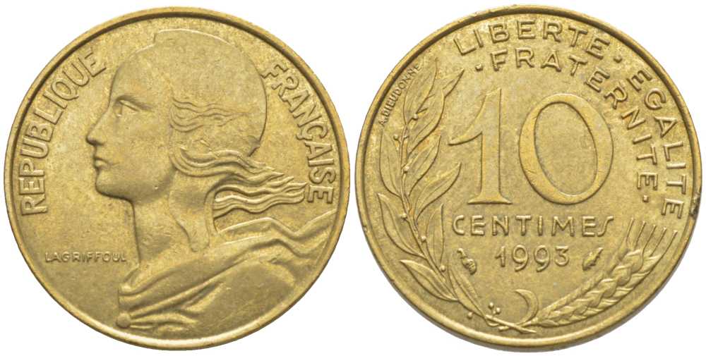 ФРАНЦИЯ 10 САНТИМОВ 1993 ТИП MARIANNE KM 929, LE FRANC 144.35 медь алюминий никель 116-428