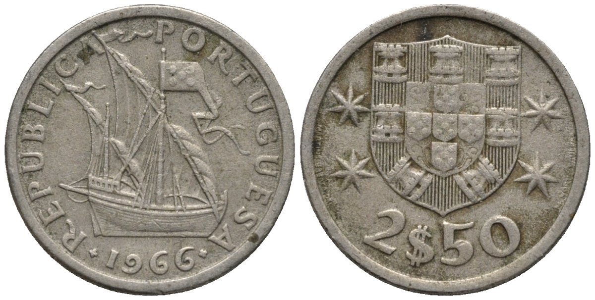 Португалия 2,5 эскудо 1966 парусник KM 590 медно-никель 4576-1259