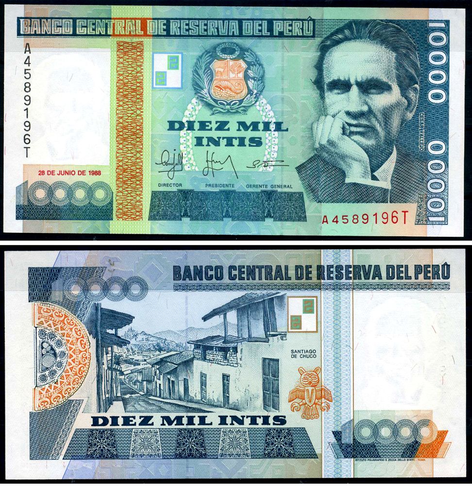 Перу 10000 инти 1988 Сесар Вальехо Pick 140 бумага UNC (пресс) 7457-6-2-2