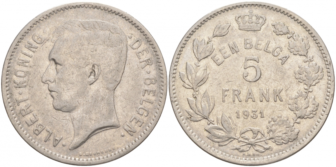 БЕЛЬГИЯ 5 ФРАНКОВ 1931 BELGEN KM 98 никель 69-224