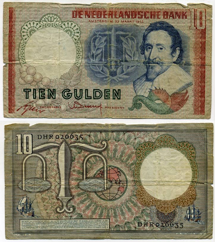 Нидерланды 10 гульденов 1953 Амстердам, 23 марта 1953, Гуго Гроций Pick 85 бумага 450-60-4-2