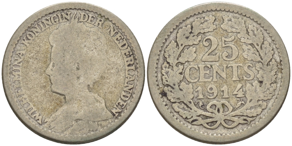 Нидерланды 25 центов 1914 Вильгельмина (1890-1948) KM 146  серебро 66-1139