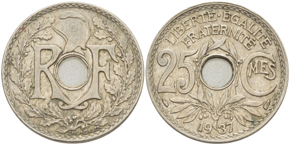 ФРАНЦИЯ 25 САНТИМОВ 1937 KM 867а медно-никель 4402-842