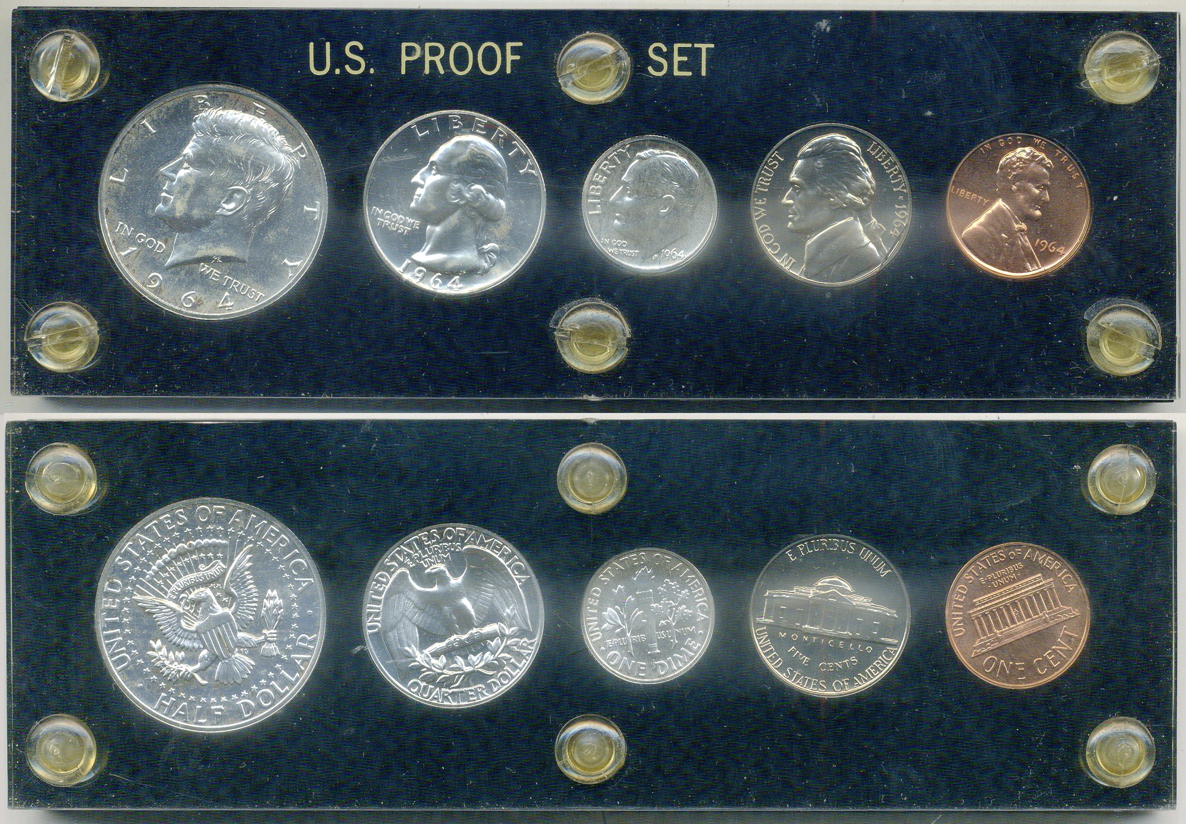 США годовой набор из 5 монет (1, 5, 10 (дайм), 25 (квотер) и 50 центов) 1964 U.S. PROOF SET KM 164, A192, 195, 201 и 202 PROOF 8-2-05-05