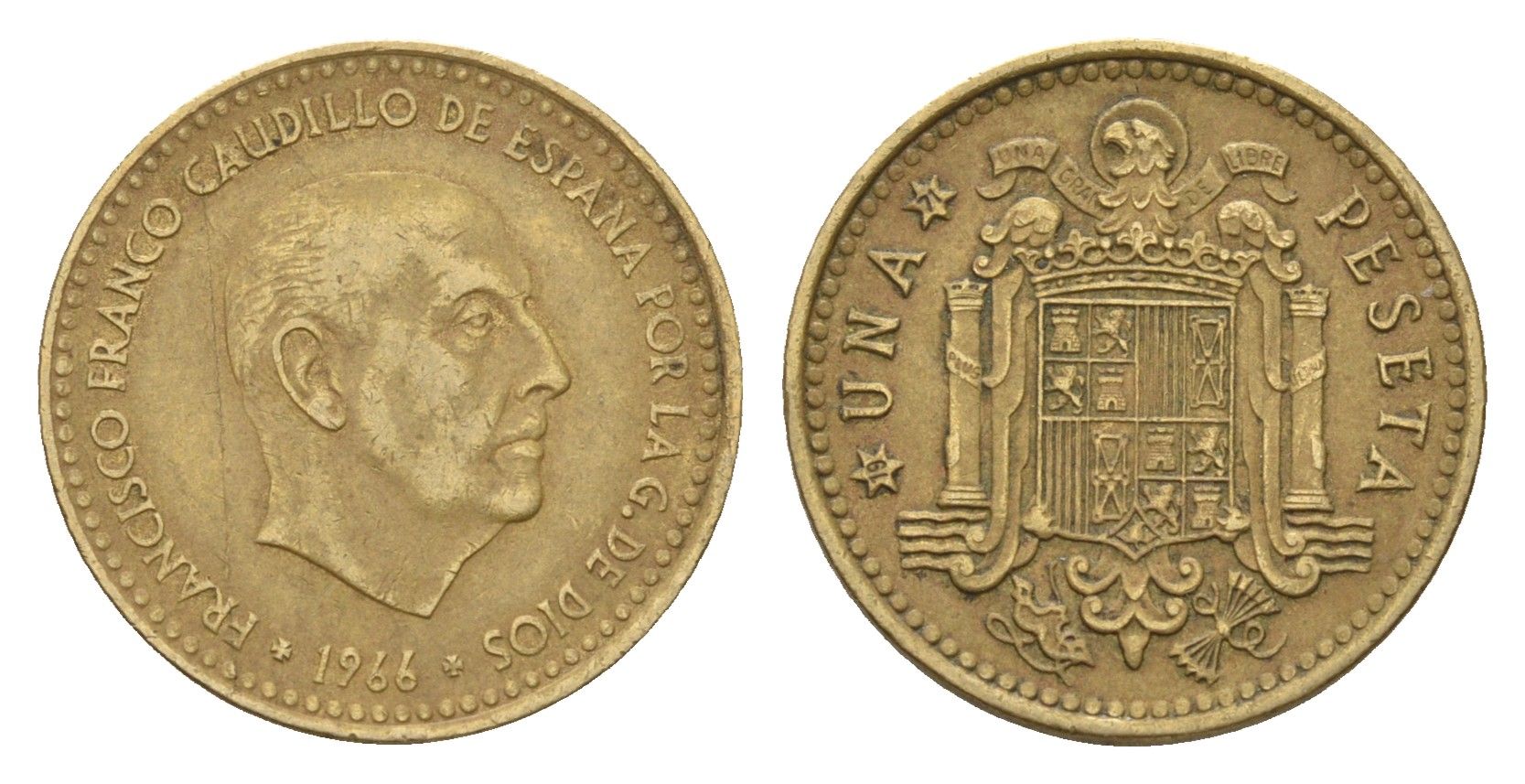 Испания 1 песета 1966 (71) Франсиско Франко (1939-1975) KM 796 алюминиевая бронза 4669-1219