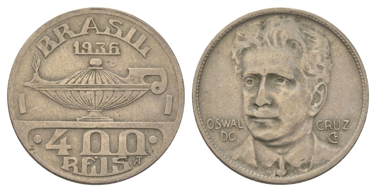 Бразилия 400 реалов 1936 Освалду Крус KM 539 медно-никель 4624-1226