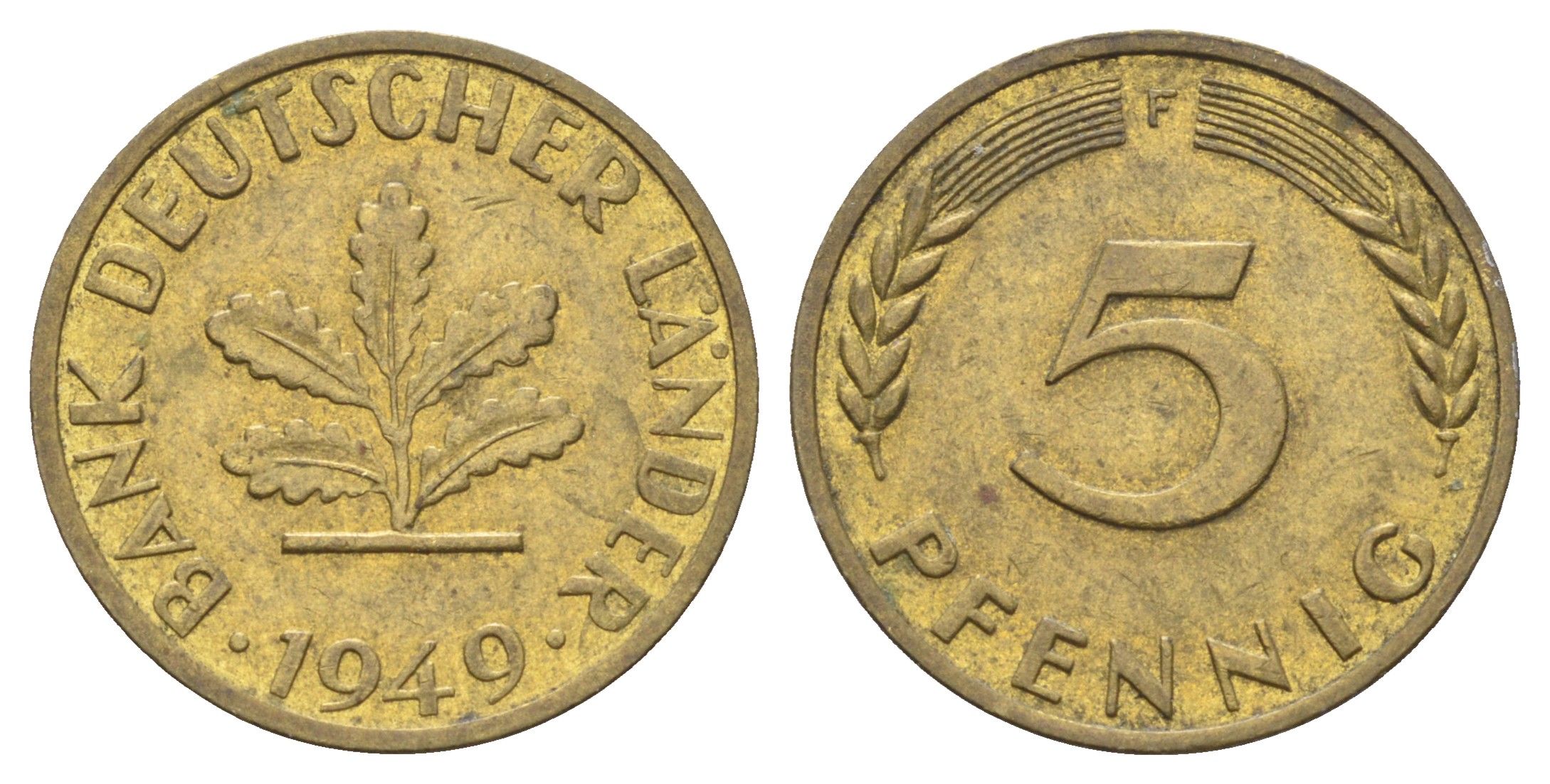 ФРГ 5 пфеннигов 1949 F KM 102, J. 377 сталь плакированная латунью 4697-552