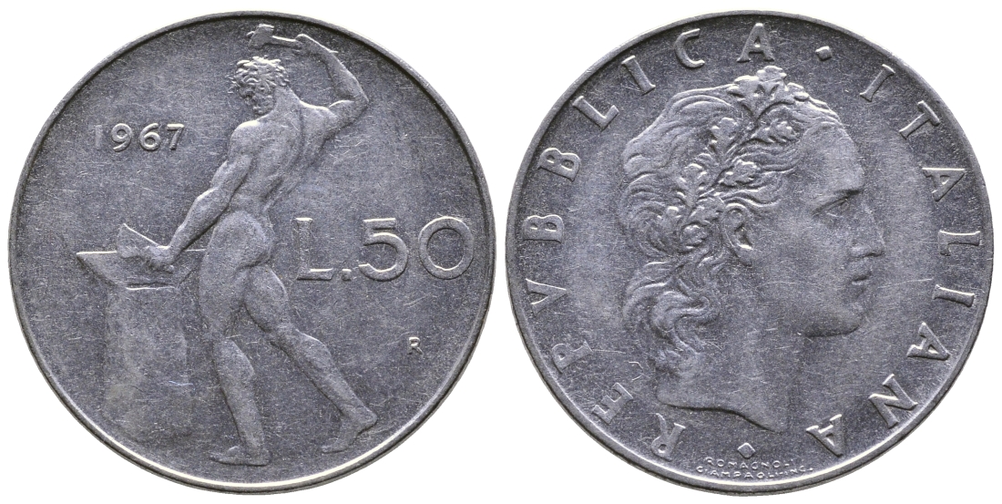 ИТАЛИЯ 50 ЛИР 1967 R, КУЗНЕЦ KM 95.1 сталь 93-441