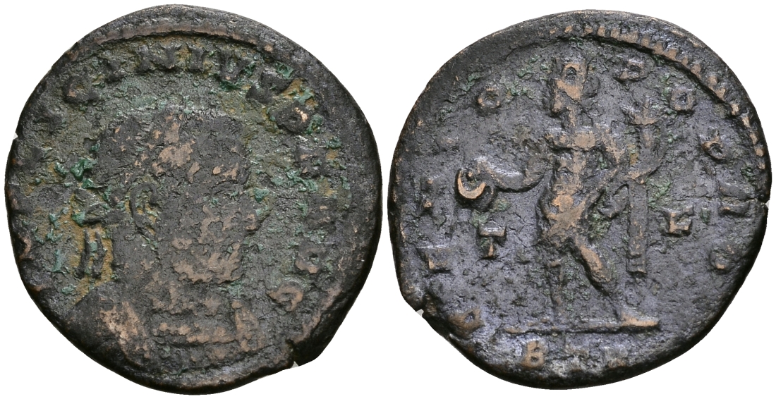 Римская Империя нуммий 313-315 Лициний I GENIO POP ROM Августа Треверов fine (степень редкости R3) RIC 58 бронза 270-935