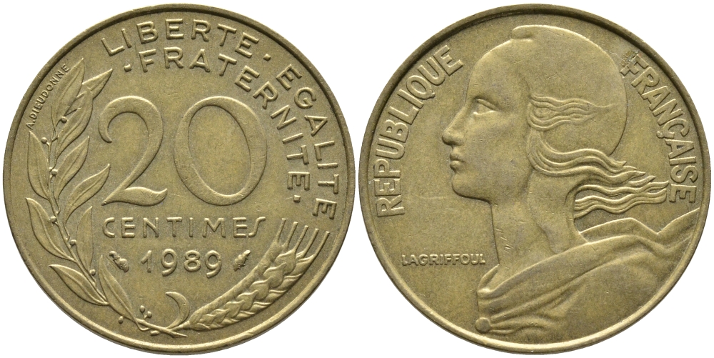 Франция 20 сантимов 1989 тип Marianne KM 930 алюминиевая бронза 65-1022