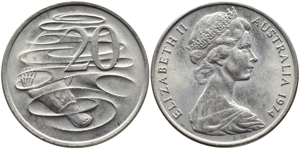Австралия 20 центов 1974 Елизавета II (1952-2022), утконос KM 66 медно-никель UNC 41-515