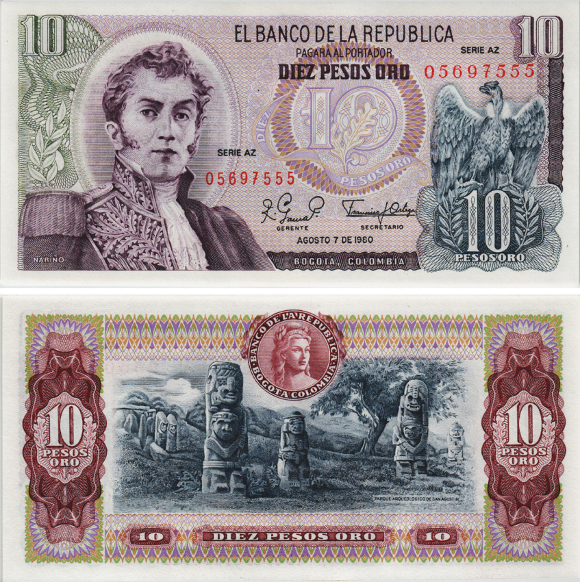 Колумбия 10 песо 1980 7 августа 1980, Антонио Нариньо Pick 407h бумага UNC (пресс) 8604-28-2-2