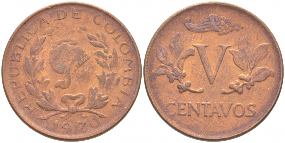 КОЛУМБИЯ 5 СЕНТАВО 1970 KM 206a сталь плакированная медью 213-741