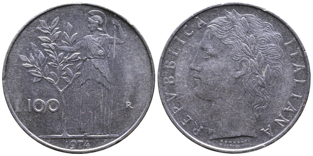 ИТАЛИЯ 100 ЛИР 1974 R, АФИНА KM 96.1 нержавеющая сталь 3334-942