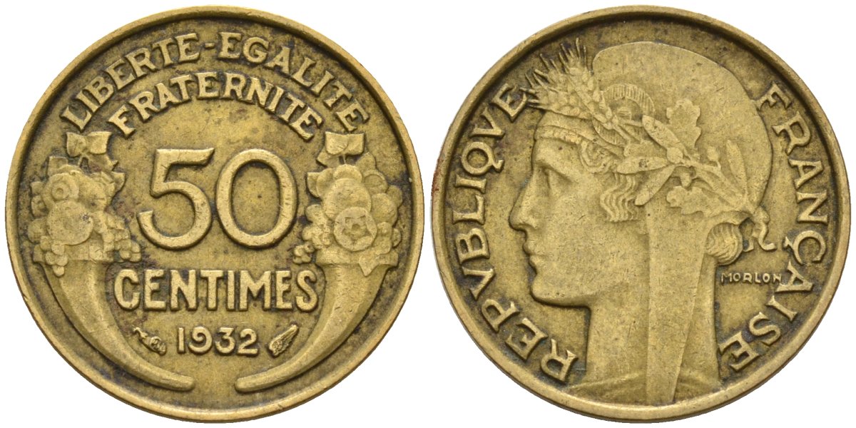 Франция 50 сантимов 1932 KM 894.1, Le Franc 192.15 алюминиевая бронза 4596-763