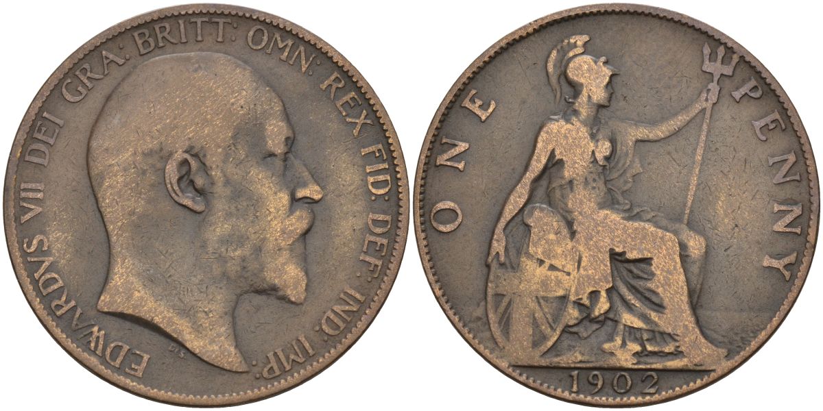 Великобритания 1 пенни 1902 Эдуард VII (1901-1910) KM 794.1, Sp 3990A бронза 4149-636