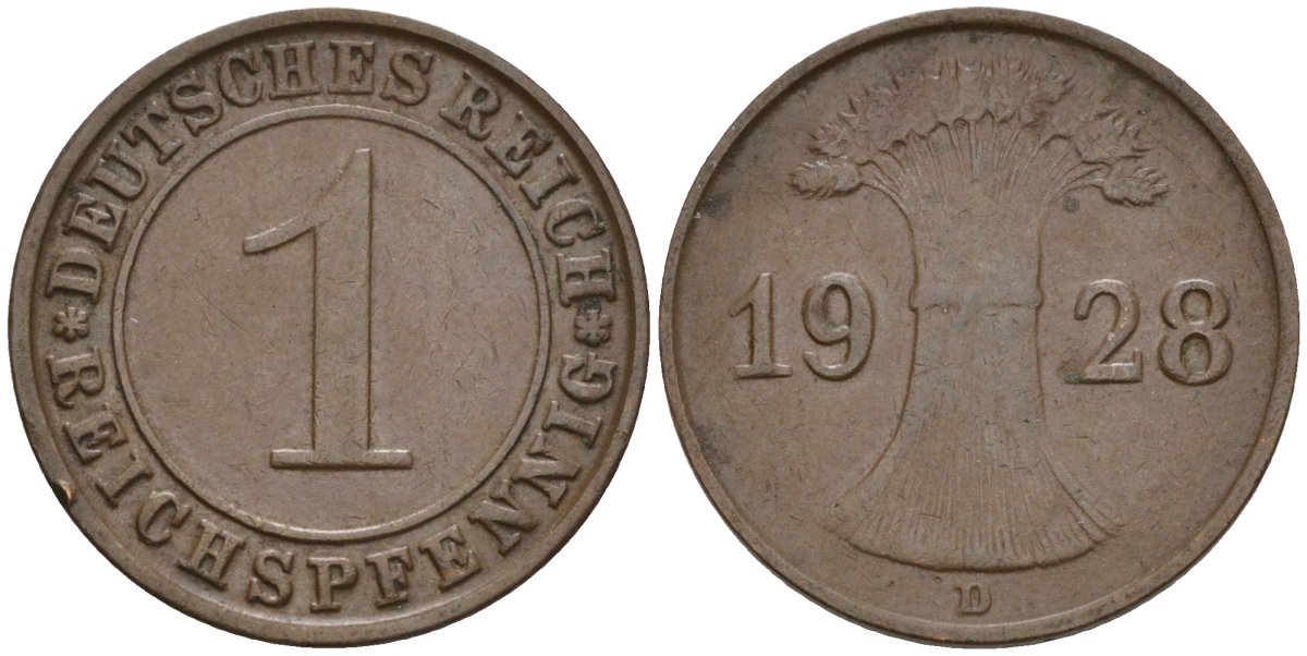 Германия 1 рейхспфенниг 1928 D KM 37, J. 313 бронза 4549-456