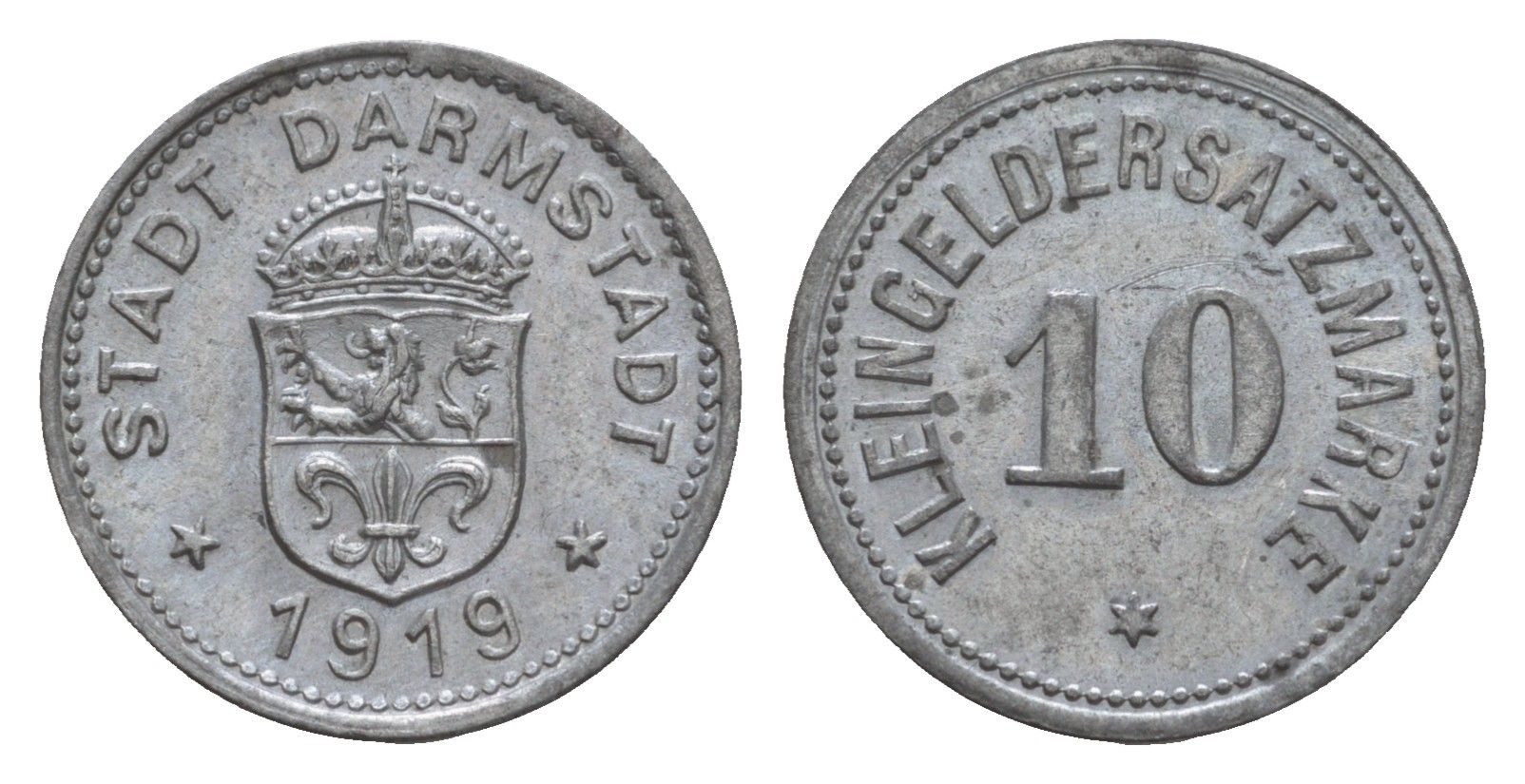 Дармштадт 10 пфеннигов 1919 Funck 88.3A, Men05 4934.6, Men18 6167.6 цинк 4659-342