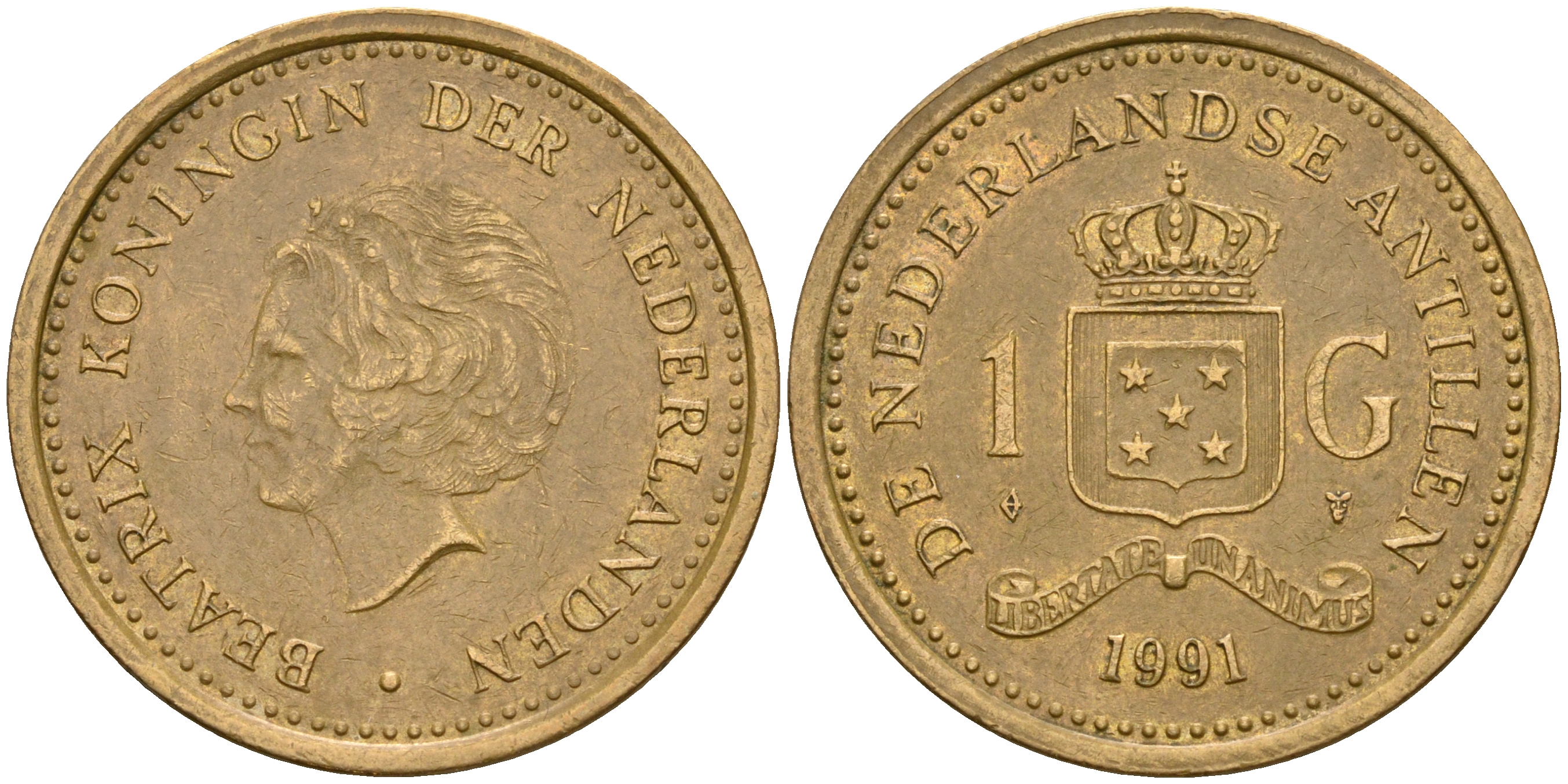 Нидерландские Антилы 1 гульден 1991 Беатрикс (1980-2013) KM 37 позолоченная сталь 4364-1833