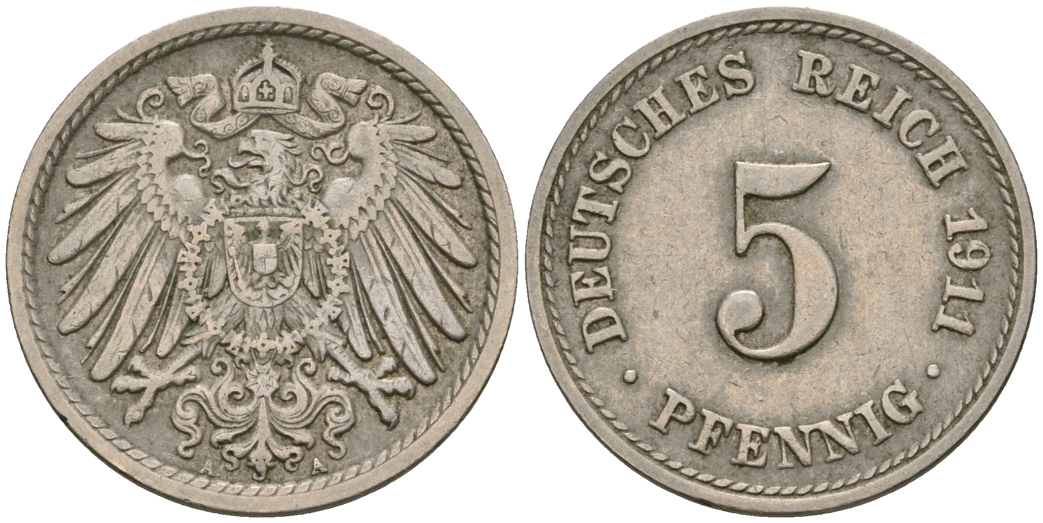 Германия 5 пфеннигов 1911 A KM 11, J. 12, Weege 6 медно-никель 08-1416