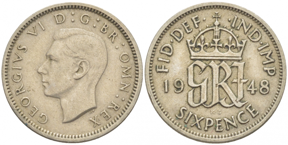 Великобритания 6 пенсов 1948 Георг VI (1936-1952) KM 862, Spink 4105 медно-никель 3955-213
