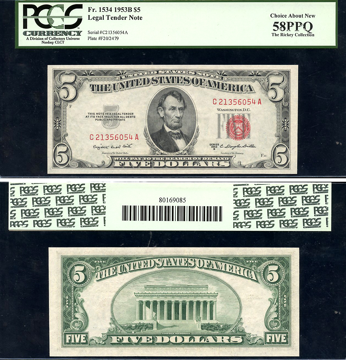 США 5 долларов 1953 серия 1953B, в слабе PCGS 58 PPQ Choice About New, красный номер Pick 381 b, Fr. 1534  бумага  aUNC 452-3-45