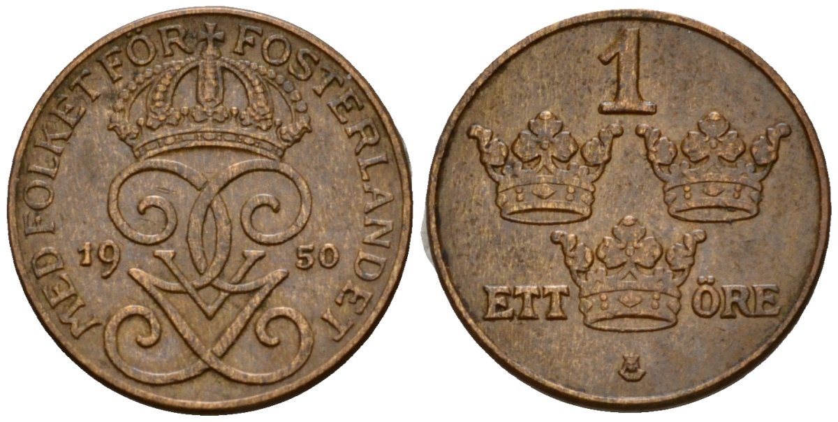 Швеция 1 эре 1950 Густав V (1907-1950) KM 777.2 бронза 4602-269