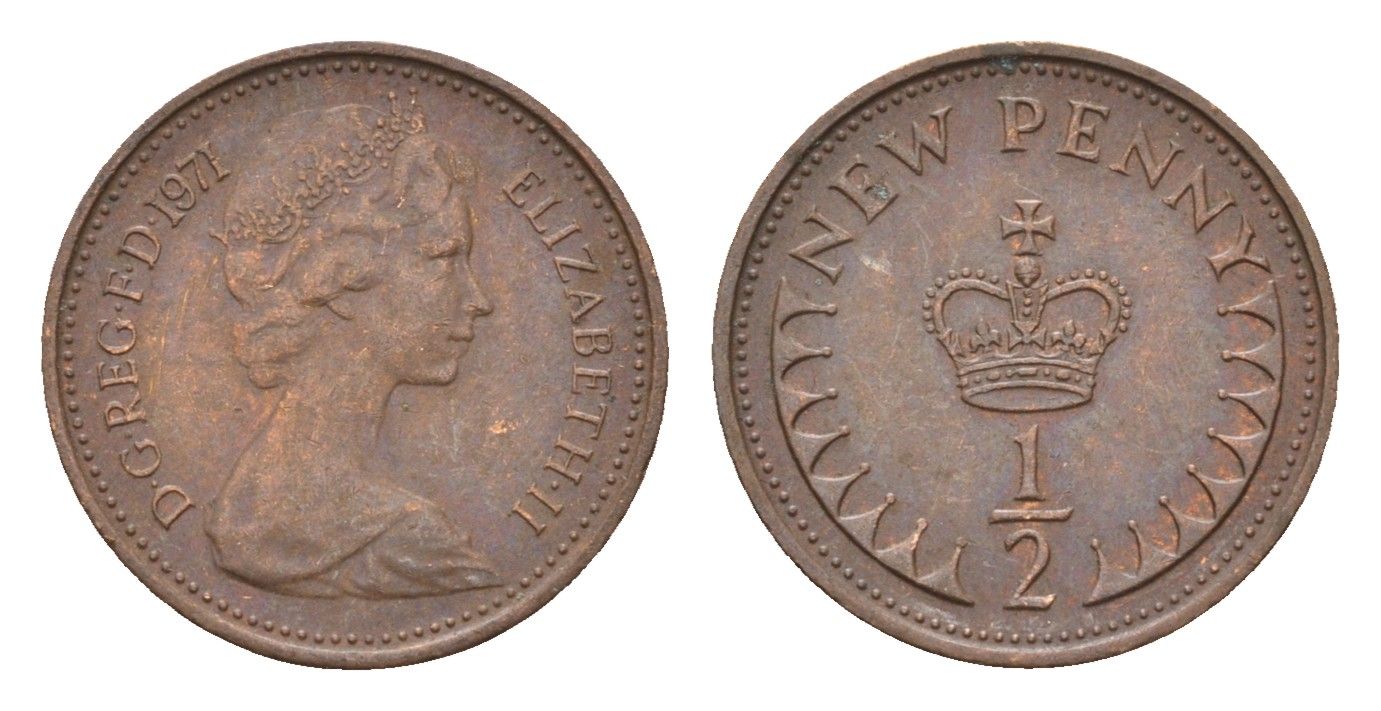 Великобритания 1/2 пенни 1971 Елизавета II (1952-2022) KM 914, Spink 4239 бронза 4697-865