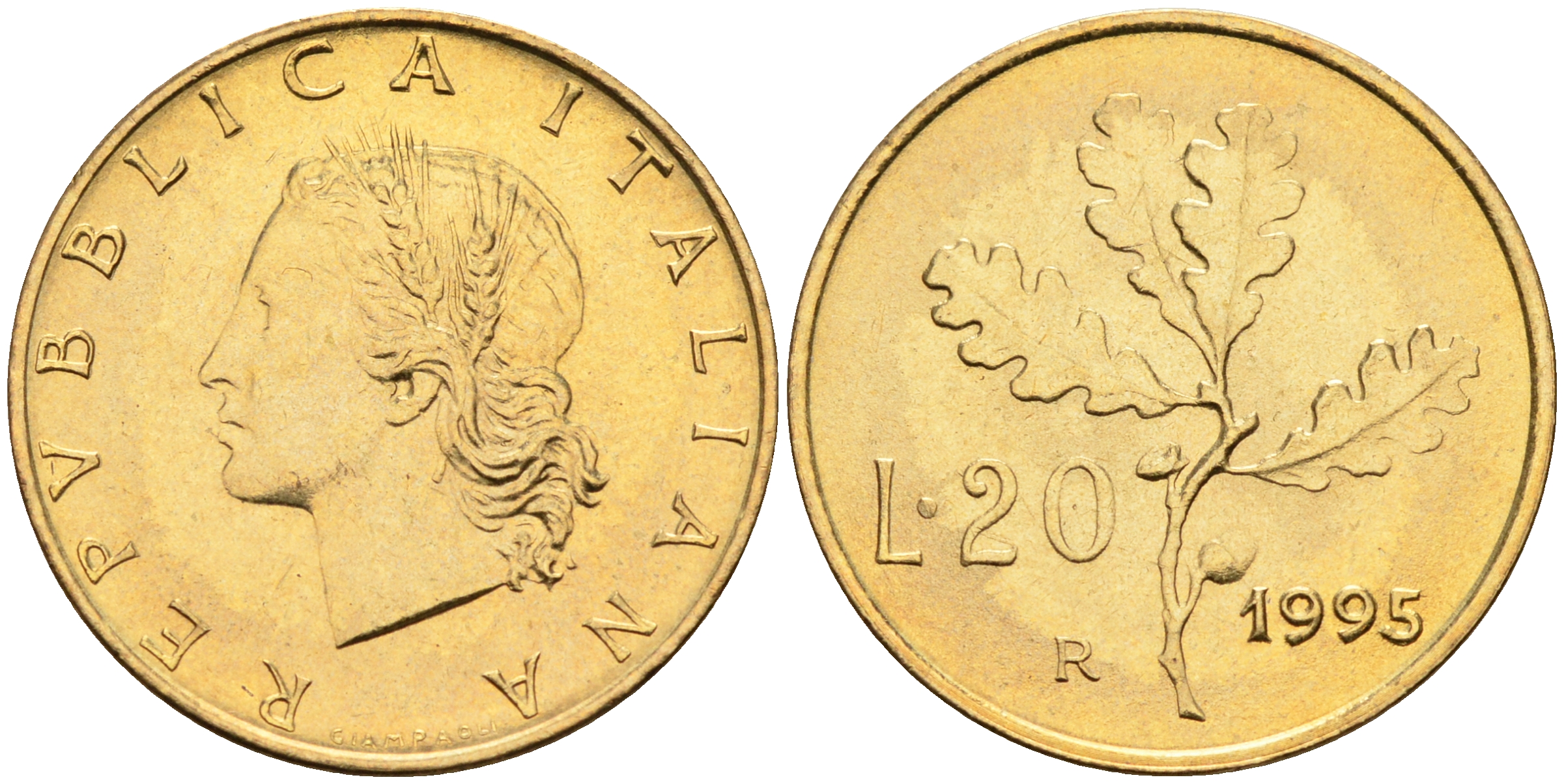 Италия 20 лир 1995 R, дубовый лист KM 97.2 алюминиевая бронза  UNC  4594-1021