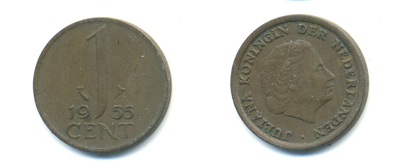 Нидерланды 1 цент 1955 Юлиана (1948-1980) КМ 180 бронза 83-923