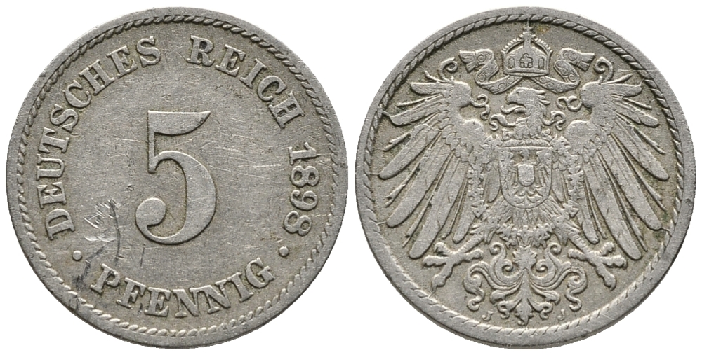 Германия 5 пфеннигов 1898 J KM 11, Jager 12, Weege 6 медно-никель 39-729