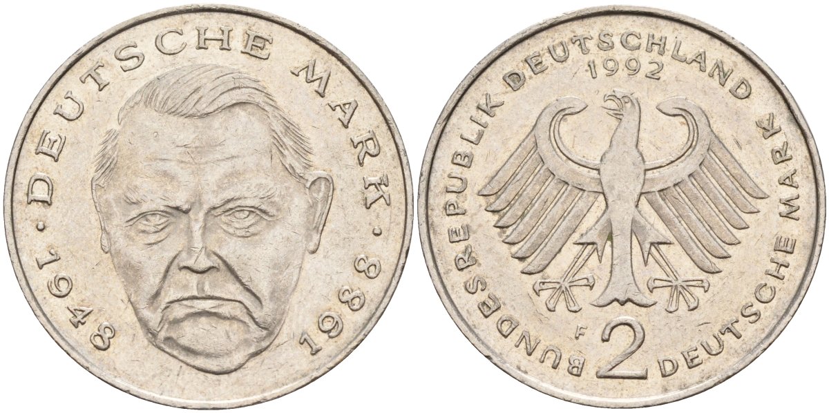 ФРГ 2 марки 1992 F, Людвиг Эрхард, 40 лет Федеративной Республике (1948-1988) KM 170, J. 445 медно-никель плакированный никелем 4583-733