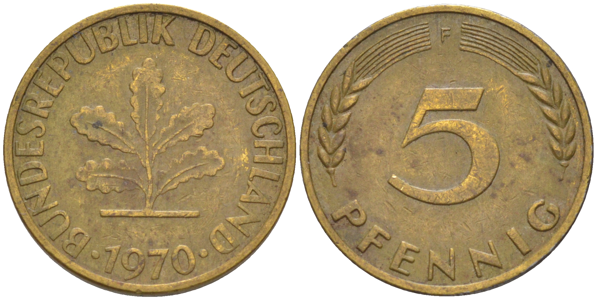 ФРГ 5 пфеннигов 1970 F KM 107, J. 382 сталь плакированная латунью 4514-536