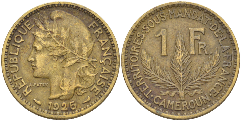Французский Камерун 1 франк 1925 (а), монетный двор Париж KM 2 алюминиевая бронза 33-554