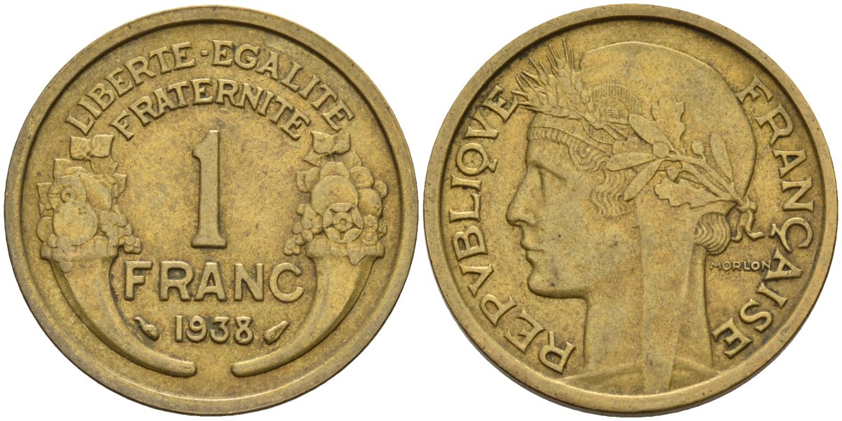 Франция 1 франк 1938 KM 885, Le Franc 219.2 алюминиевая бронза 4142-846