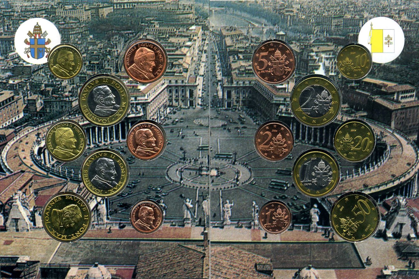Ватикан набор из 8 монет 2004 1 евроцент-2 евро, европробники, в оригинальном буклете, Иоанн Павел II UNC 00-00