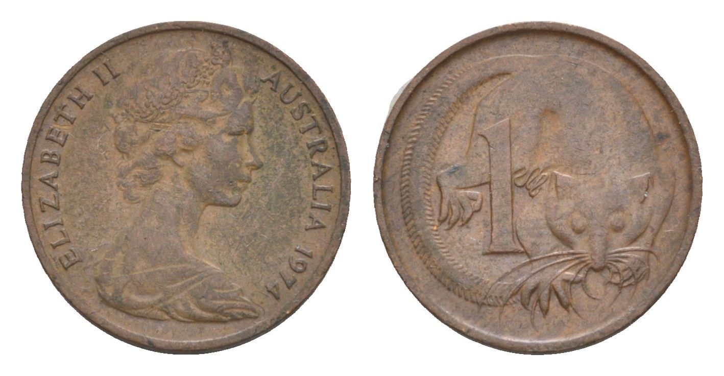 Австралия 1 цент 1974 Елизавета II (1952-2022), молодой портрет, опоссум KM 62 бронза 4655-1214