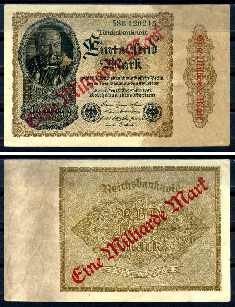 Германия 1000000000 марок 1923 красная диагональная, двухсторонняя надпечатка на 1000 марок 1922, бумага белая, водяной знак 1001 Pick 113 a (2) бумага 8589-44-2-1