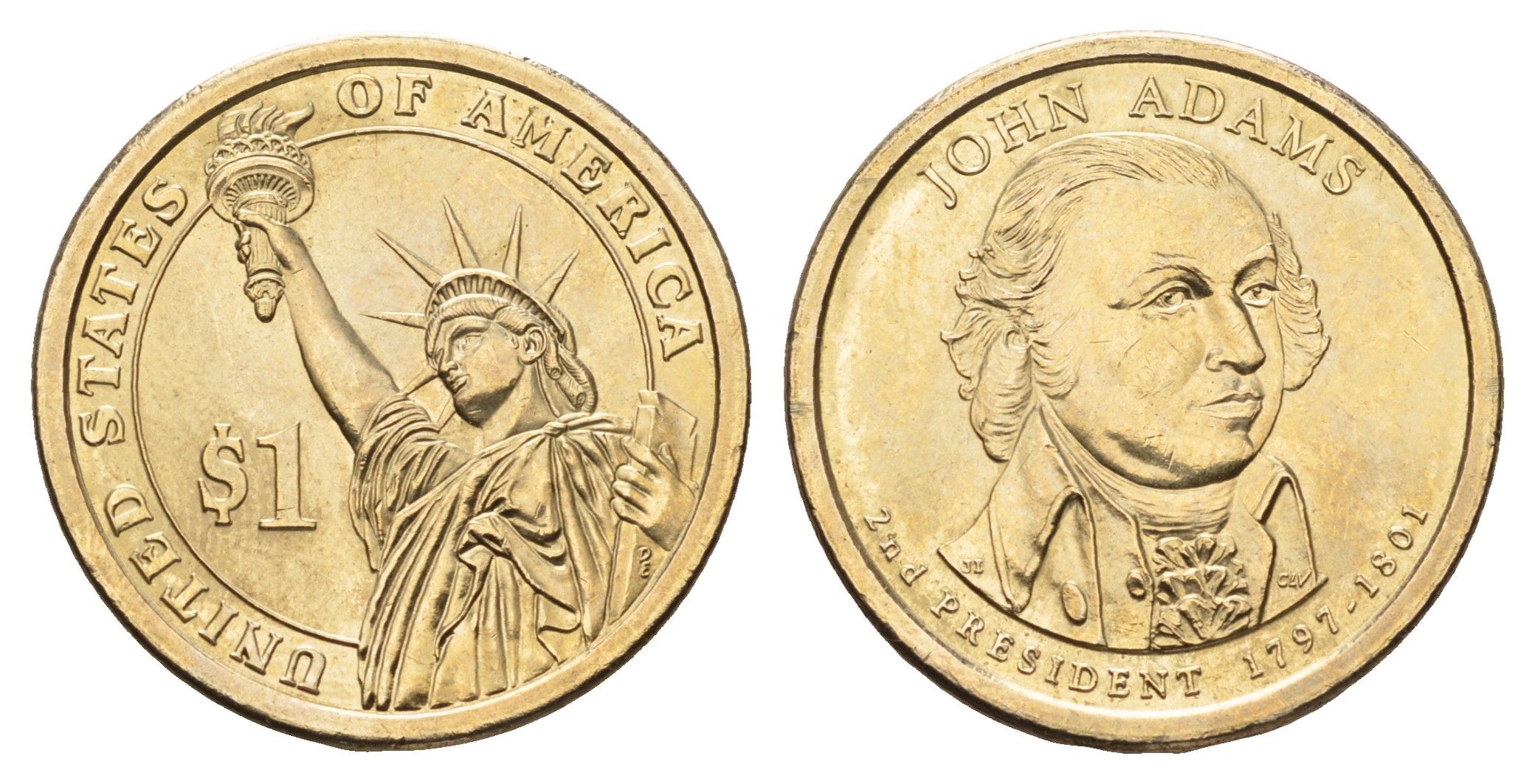 США 1 доллар 2007 D, Президент США - Джон Адамс (1797-1801) KM 402 медь с марганцево-латунным покрытием UNC 4698-1117