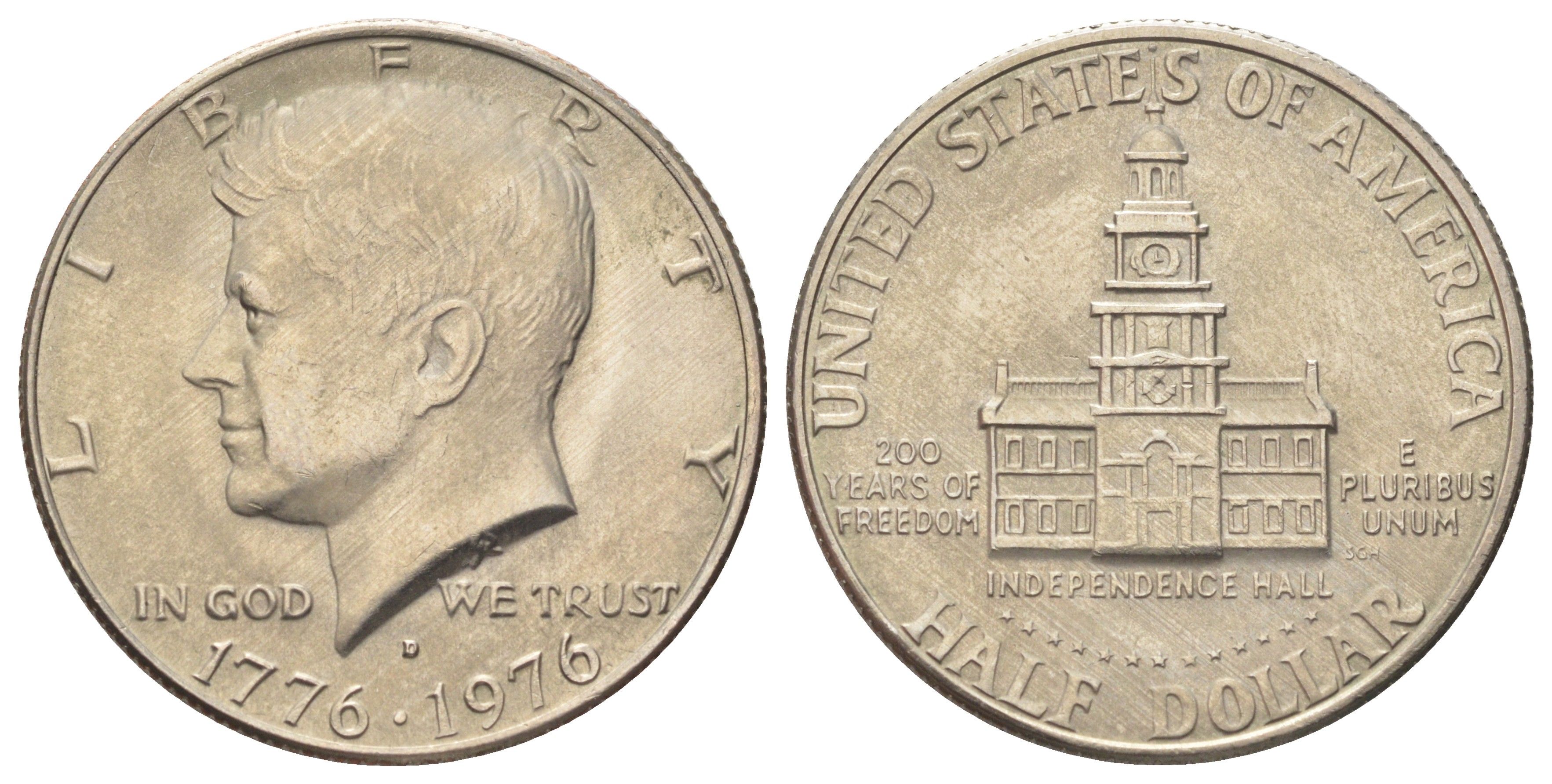 США 1/2 доллара (50 центов) 1976 D, 200 лет независимости, Джон Кеннеди KM 205 медь плакированная медно-никелем aUNC 4667-636