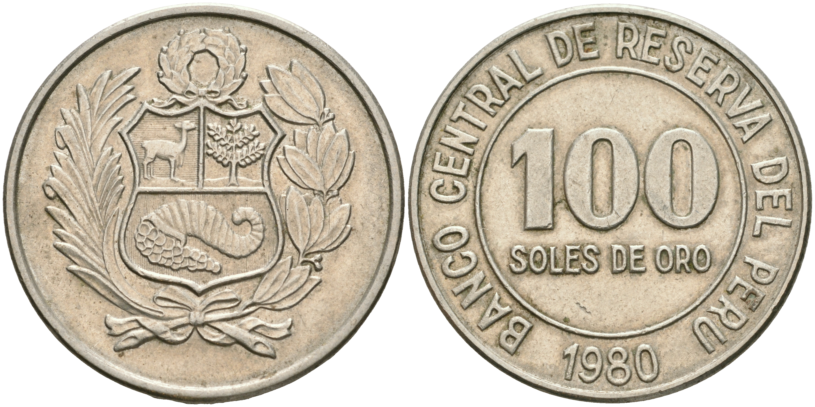 Перу 100 солей 1980 KM 283 медно-никель 4110-445